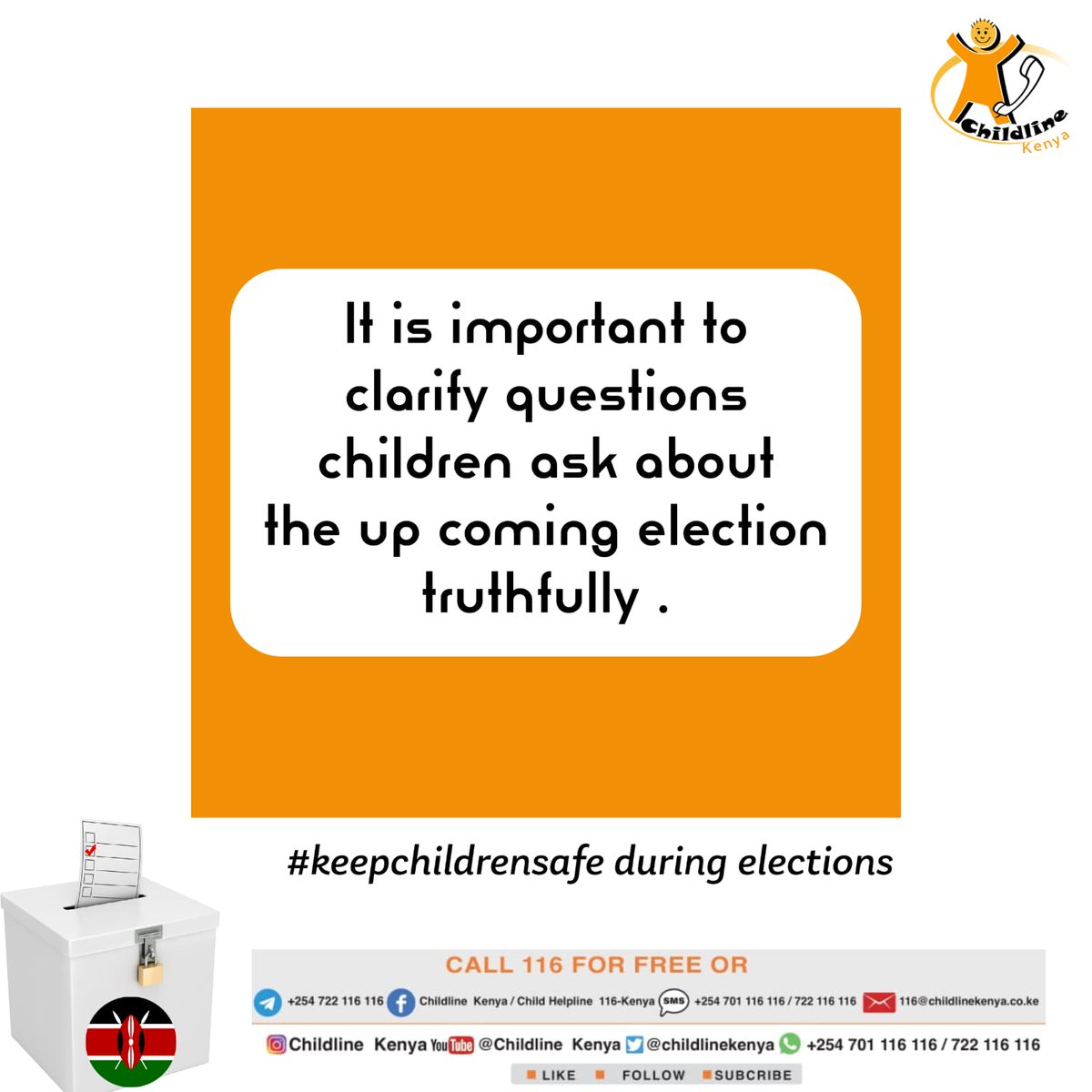 childlinekenya's tweet photo. ...remember not to spread fear while responding to children's questions on elections #keepingchildrensafe https://t.co/EMCkMWJn2K