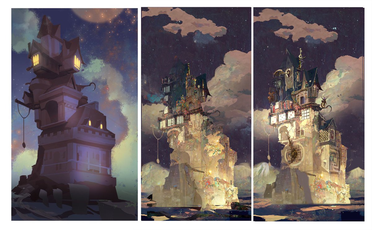 Image on the right is a paint-over of original concept (left), using materials  generated by Midjourney (middle).

右は、左のオリジナルコンセプトアートワークをペイントオーバーしたもので、真ん中のミッドジャーニーで生成したグラフィック素材を使っています。
#indiedev   #midjourney