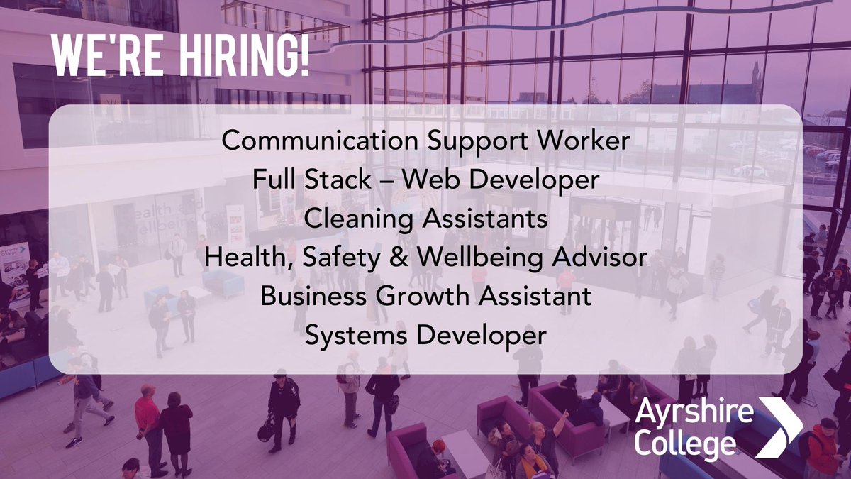 AyrshireColl's tweet photo. We're hiring!

We have various posts available:

Communication Support Worker
Full Stack – Web Developer
Cleaning Assistants
Health, Safety &amp; Wellbeing Advisor
Business Growth Assistant
Systems Developer

Find out more here: https://t.co/h1G0LFojTn https://t.co/LrW9d06uLM
