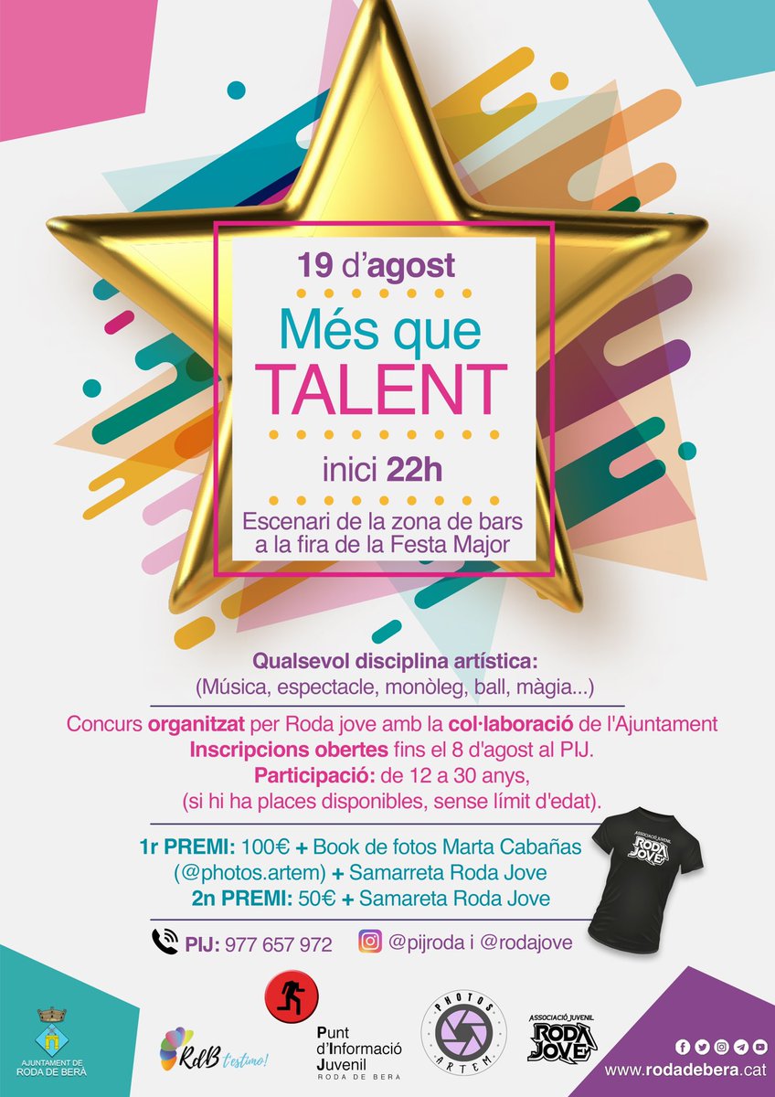 ajrodadebera's tweet photo. 👩‍🎤🎶🎸🎭 Tens un talent especial?

🤩 Participa a la 1a edició de “Més que talent” i guanya premis 🏆!

✍🏻 Inscripcions fins al 8 d’agost al @pijroda

🔗 https://t.co/Kunm1zhjjs 

#RdBtestimo #RodadeBerà #RodaJove #FMRdB22 #SantBartomeu22 https://t.co/SyRNzX27h2