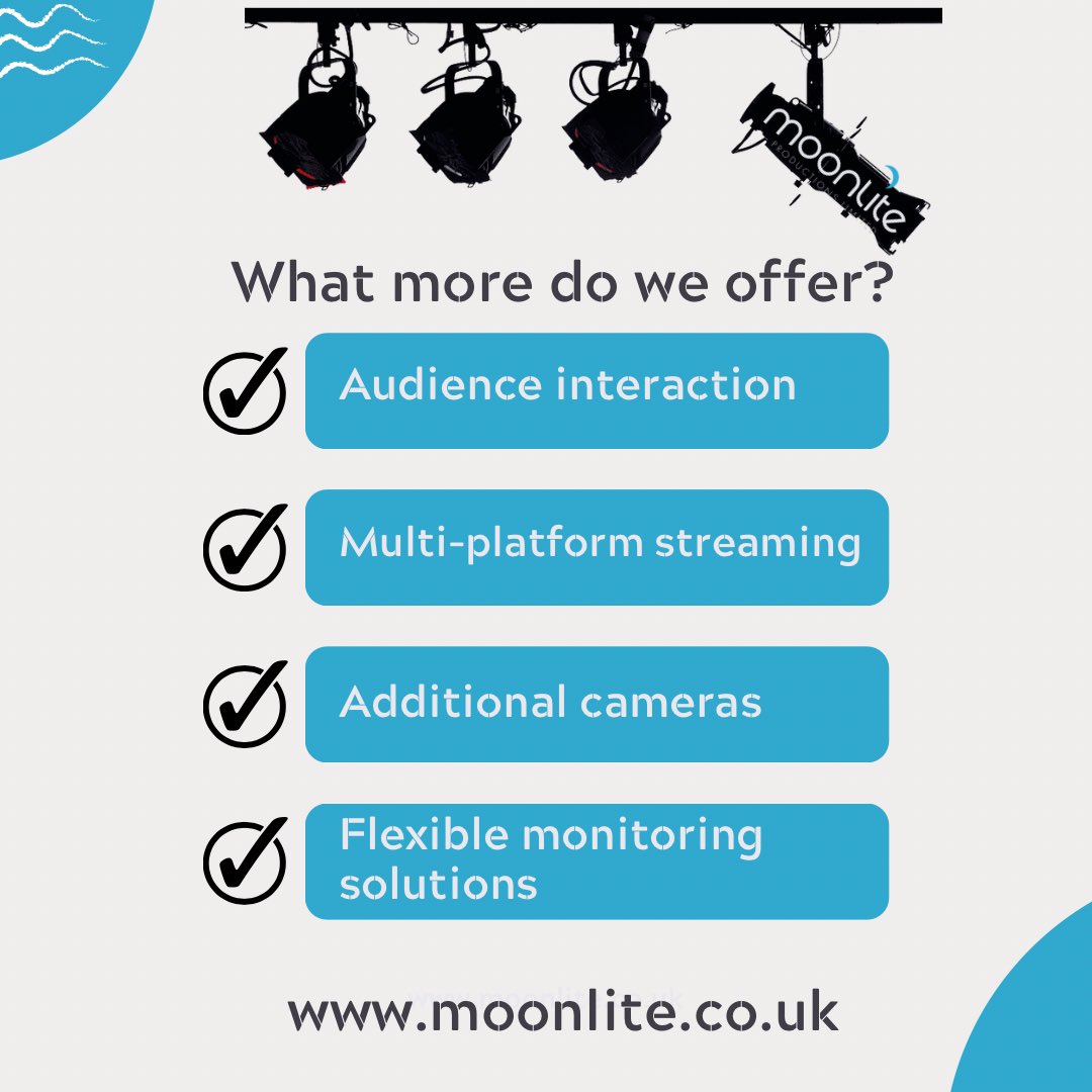 MoonliteProd's tweet photo. Our #streaming service is perfect in this modern world where remote access is key.
Listed below is a flavour of just some of the additional services we can offer to help you reach your target audience.
Learn more here 👉
https://t.co/n3kpLXInWj
#remoteacess #wednesdaywisdom https://t.co/1i4DAMyXff
