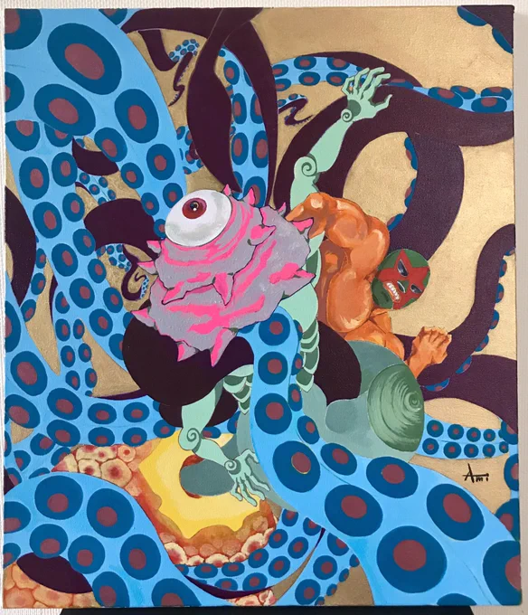 ウミギシくんを絵画にしました。マスクの下は美形と噂される謎の覆面レスラーです。タイトルは、【烏賊男と栄螺鬼】。夏らしく海の妖怪感爆上げ。 柴田亜美#art  #アクリル画  #南国少年パプワくん #PAPUWA 