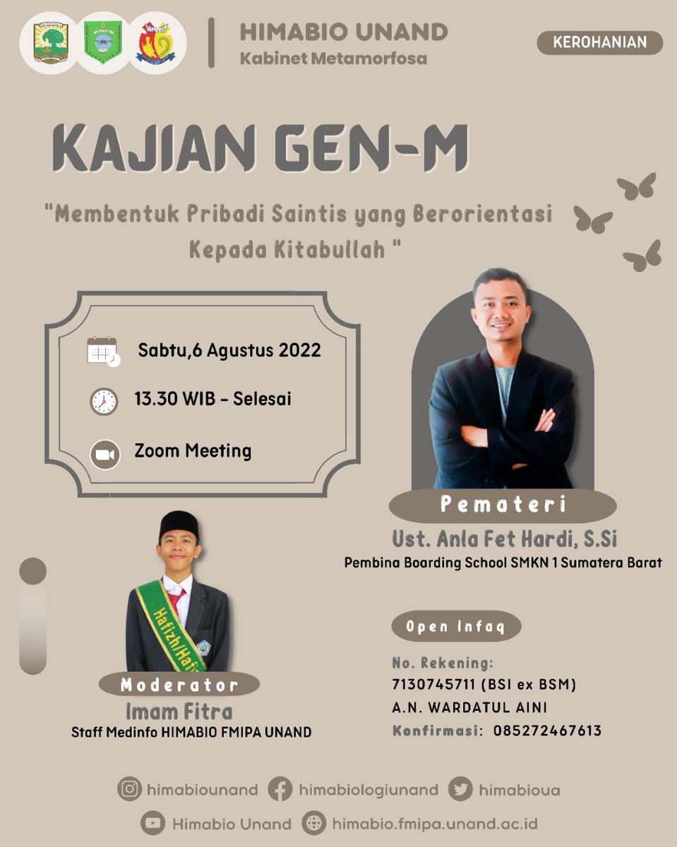 HimabioUA's tweet photo. 🌳•°|[KAJIAN GEN-M]|°•🌳
#generasimudaislammilennial
Assalamu'alaikum Wr. Wb. Sobat Gen-M semuanya...
Disini Kajian GEN-M hadir dengan
Tema :
📖 "Membentuk Pribadi Saintis yang Berorientasi Kepada Kitabullah " https://t.co/vZpJR8o311
