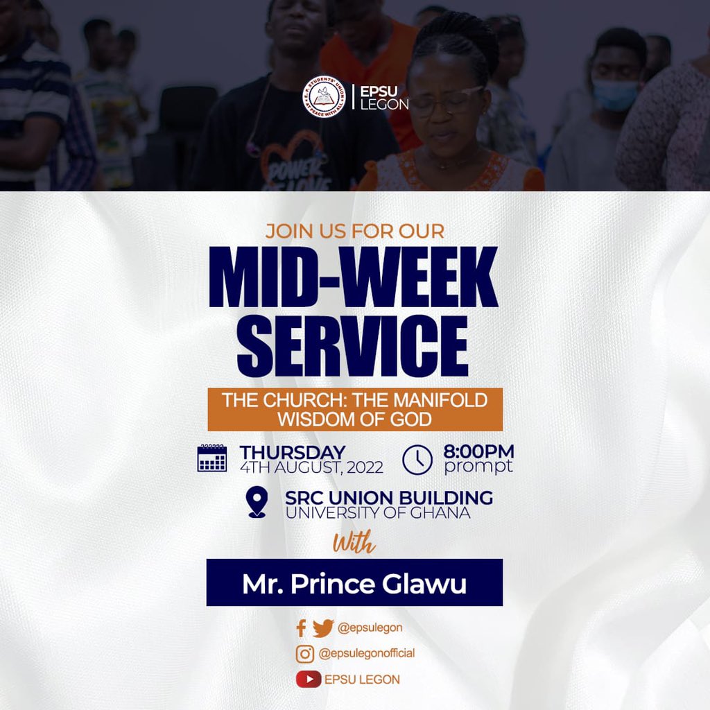 epsulegon's tweet photo. Join us for our Mid-Week Service this Thursday, 8PM at the SRC Union Building.

#epsulegon #atpeacewithall #oneinchrist https://t.co/ZlhOA5nhAc