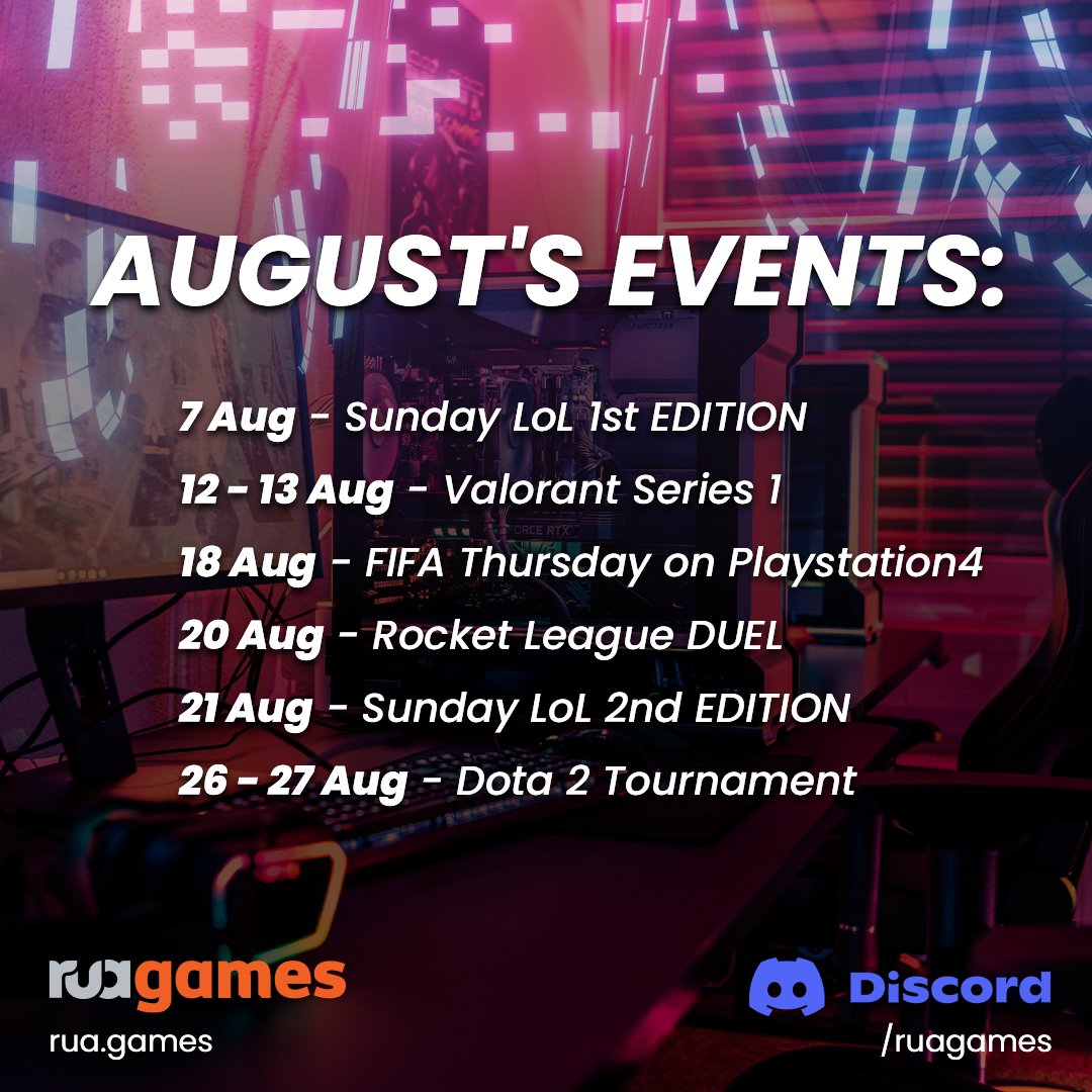 ruagames1's tweet photo. We're here to make your summer vacation a lot BETTER with:
โ
FREE tournaments for #LeagueOfLegends, #VALORANT, #RocketLeague, #FIFA22 or #Dota2.
๐ Join us and share a prizepool of over 2.500EUR. ๐
#ruagames #allingamingtogether #eSports #gaming #tournaments #ggwp https://t.co/bf4oHQm6NJ