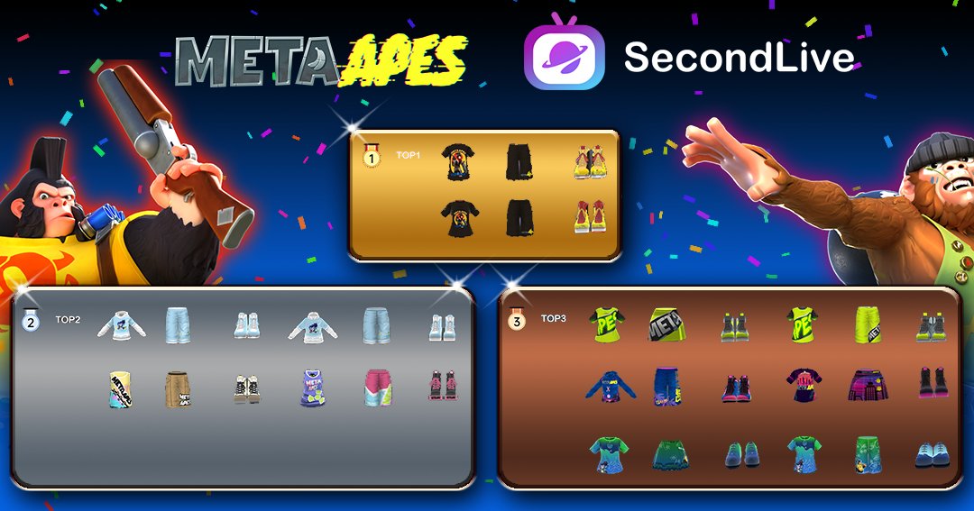 gm SpaceMonkeys!🐵
Overwhelmed to see the amazing designs we got for the <a href="/SecondLiveReal/">SecondLive</a> Summer Vibes - Fashion Design Competition.🤩
Here are the winners!🎉
Thanks to everyone for your creativity!🫶
#MetaApes #MetaApesGame #PEEL #FreeToPlay #PlayAndEarn #NFT #GameFi #MMO #SHELL