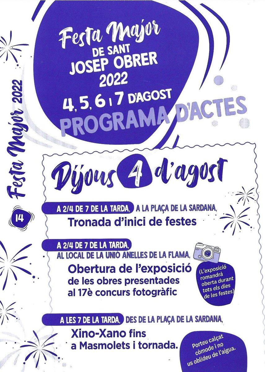 avvstjosepobrer's tweet image. 🎊 FESTA MAJOR 2022

‼️ Demà comença la Festa Major 2022 del Barri de Sant Josep Obrer de #Valls

🗓️De dijous a diumenge trobareu un bon grapat d'activitats per a totes les edats

Caminada, concurs de fotografia, sopars, balls, inflables d'aigua, música, etc

Us hi esperem ‼️