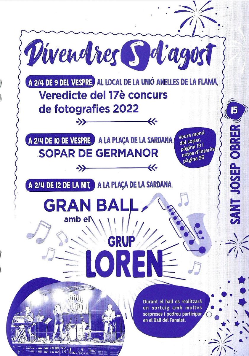 avvstjosepobrer's tweet image. 🎊 FESTA MAJOR 2022

‼️ Demà comença la Festa Major 2022 del Barri de Sant Josep Obrer de #Valls

🗓️De dijous a diumenge trobareu un bon grapat d'activitats per a totes les edats

Caminada, concurs de fotografia, sopars, balls, inflables d'aigua, música, etc

Us hi esperem ‼️