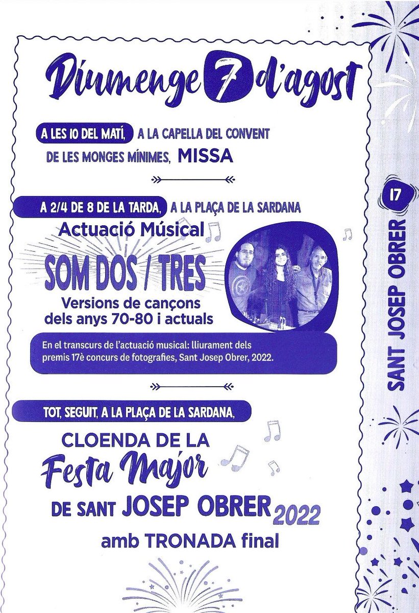 avvstjosepobrer's tweet image. 🎊 FESTA MAJOR 2022

‼️ Demà comença la Festa Major 2022 del Barri de Sant Josep Obrer de #Valls

🗓️De dijous a diumenge trobareu un bon grapat d'activitats per a totes les edats

Caminada, concurs de fotografia, sopars, balls, inflables d'aigua, música, etc

Us hi esperem ‼️
