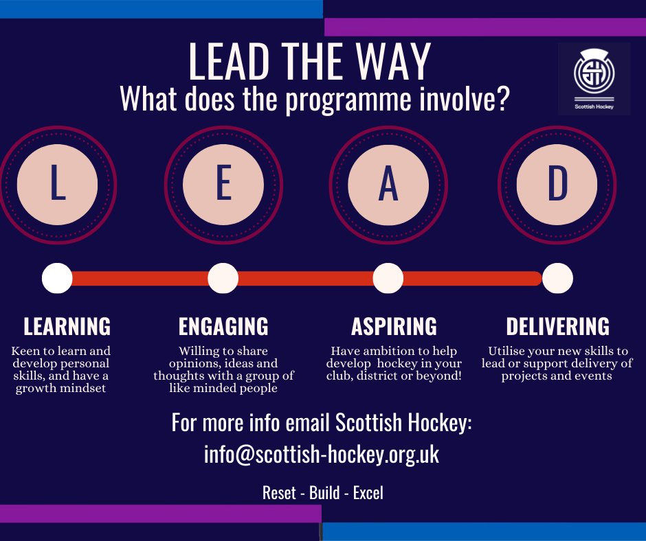Applications for Lead the Way 22-23 are now open!  Do you know someone 16+ who might be interested?  
More info here: scottish-hockey.org.uk/.../scottish-h…