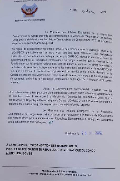 afrikarabia's tweet photo. 🔴#RDC #Monusco Le ministère des Affaires étrangères demande le départ du porte-parole de la Monusco Mathias #Gillmann. "La présence de ce fonctionnaire n'est pas de nature à favoriser un climat de confiance". https://t.co/qvByOqV5dO