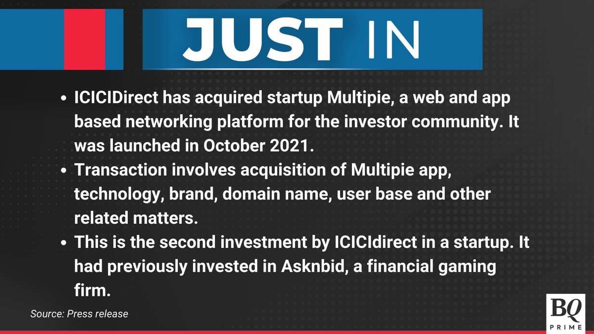 NDTVProfitIndia's tweet photo. #ICICIDirect acquires investment networking platform #Multipie.

For the latest news &amp; updates visit: https://t.co/gXeGqKxXTH https://t.co/BV3jVSisjd