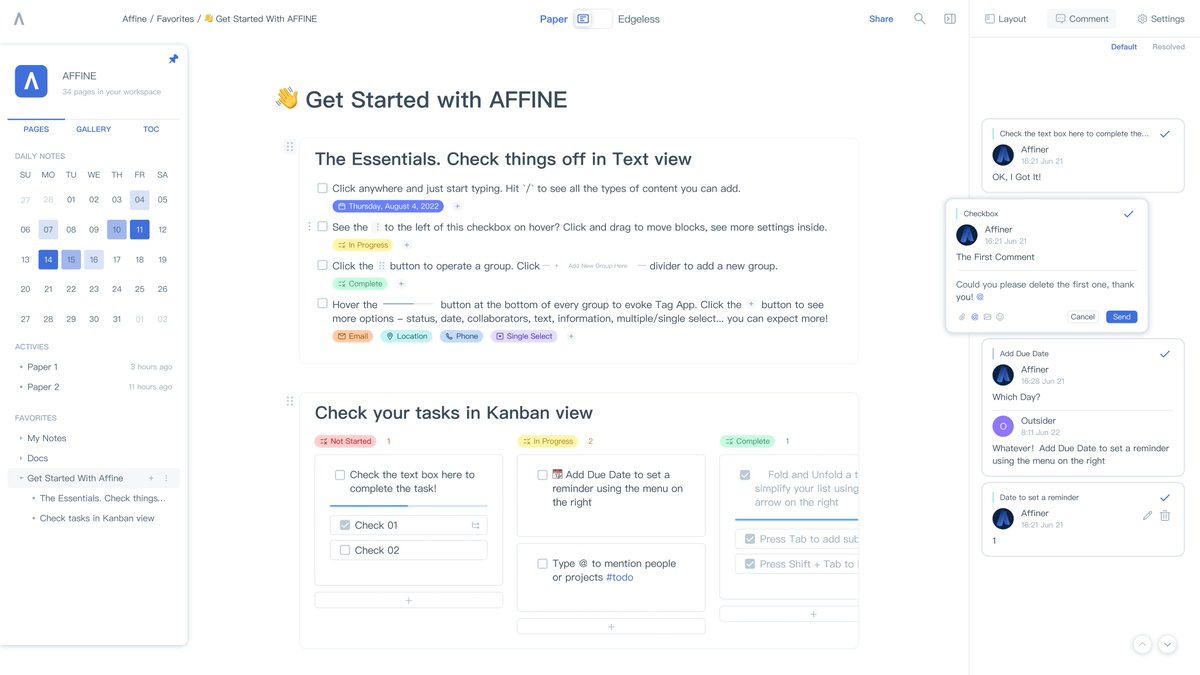 AFFiNEOfficial's tweet image. AFFiNE: The Next-Gen Knowledge Base to #Notion and #Miro🕵️♀️
Our Reasons:
✨ #OpenSource
✨ Build with #RUST #Typescript  #reactjs 
✨  #privacy first
✨#logseq/#appflowy/#Craft/#Anytype/#Monday Alternative
 #GitHub👉: github.com/toeverything/A… 
#AFFiNE Blog:blog.affine.pro/posts/affine-t…