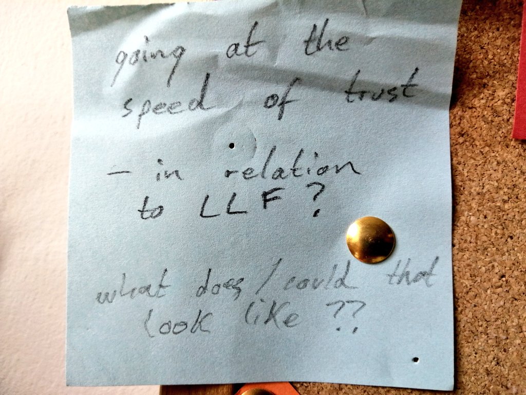 ruth_hw's tweet photo. A concept @hodgehillvicar and I work with in #BeingInterrupted (and beyond) is "going at the speed of trust" - a deeply resonant phrase of @CormacRussell's. I've had this post-it above my desk for a while, but coming into sharper focus during #LambethConference. One to ponder... https://t.co/G6g3VkuKIz