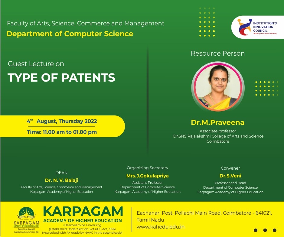 wekaheians's tweet photo. Department of Computer Science is organizing a guest lecture on "Type of Patents" on 4th August from 11 AM to 1 PM. Dr. M. Praveena, Associate Professor,
#Patents #PatentTypes #computersciemce #cs #session #seminars #GuestLecture #Lecture #Seminar #student #college #IIC https://t.co/QqnCM3PTUn