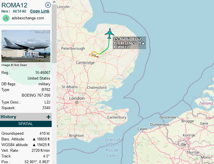 SirListenalot's tweet photo. #KC46 #AE5FAE as #ROMA12 out of Mildenhall, likely to pick up (six) "HL"/"VT" #F35's as #TREND61 on their way from Spangdahlem to CONUS (Burlington?). Expect #KC135's #AE0592 #AE062B as #ROMA11, 13 out of Prestwick to join in later https://t.co/MrwgvKltGF