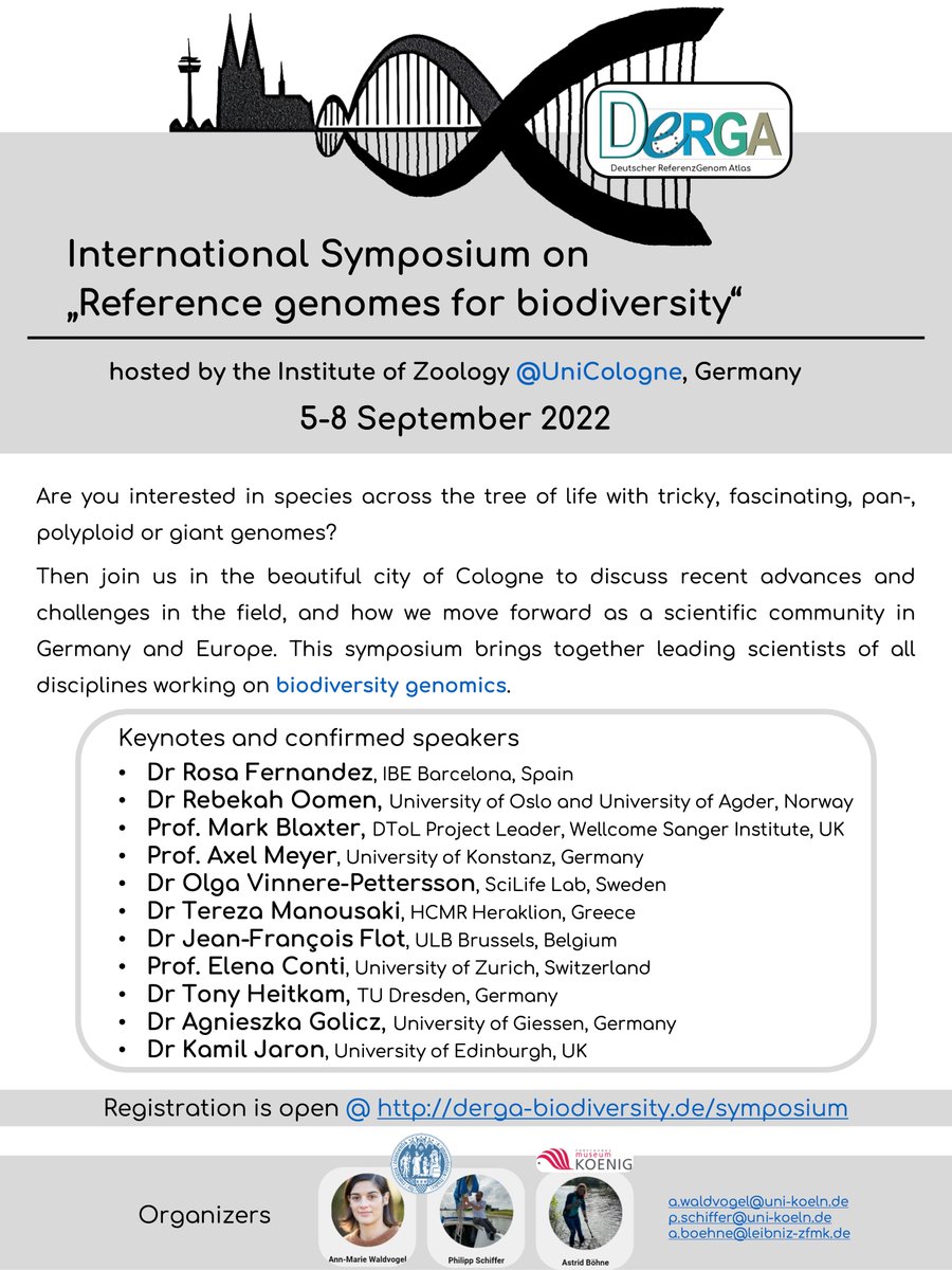 LOEWE_TBG's tweet photo. ⏰Don’t miss to register today (last day!!) for the #DeRGA International Symposium on "Reference genomes for biodiversity", September 5th to 8th, 2022 @UniCologne 
Abstract submissions open until August 15th.
➡️https://t.co/J2dUQhsrRw https://t.co/7lJPdlvbGu