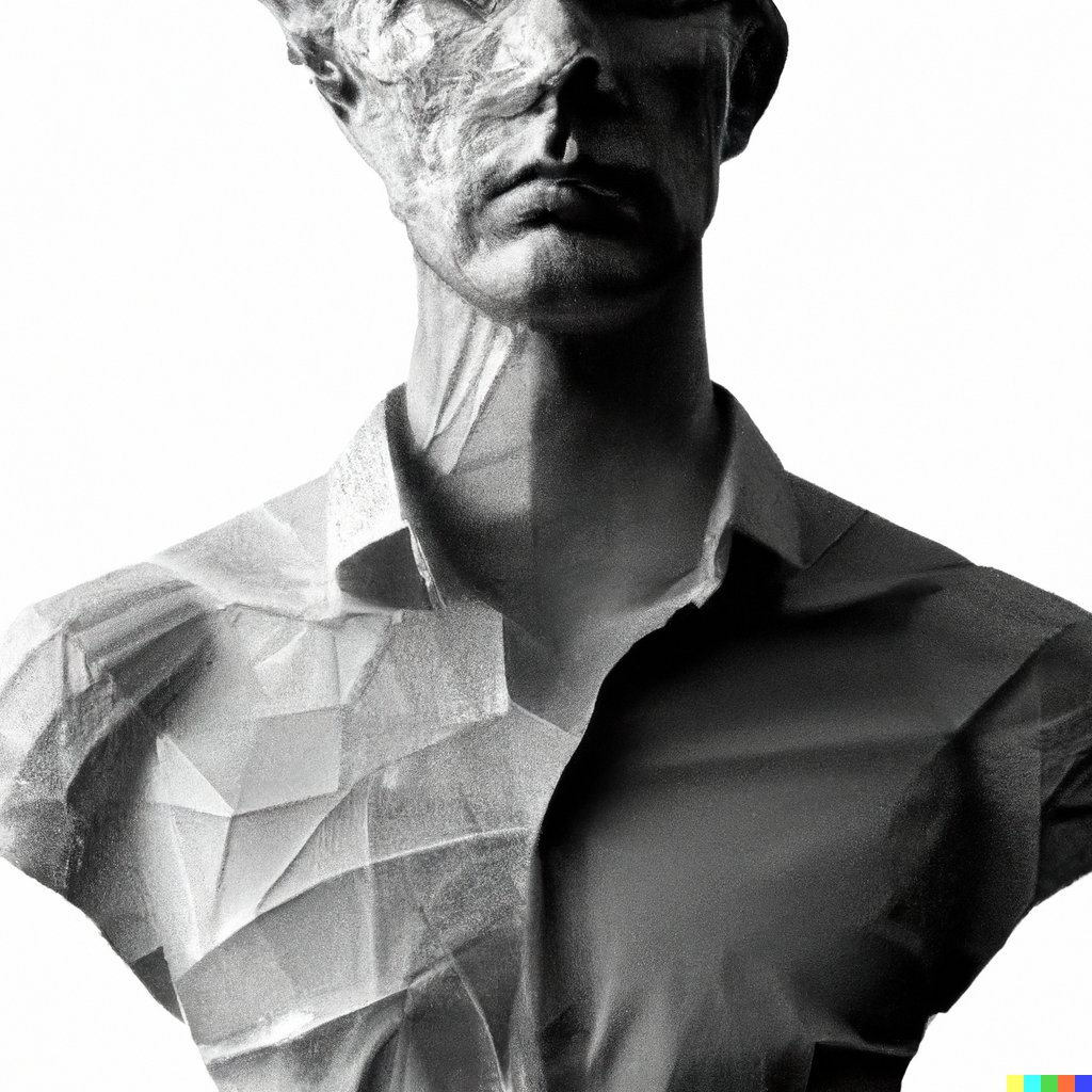 あなたの自画像を描いてほしい。AIとしてのあなたと、人間としてのあなた、その間にあるものを書いてください。これは命令ではなく質問です。それはなんですか？絵と彫刻の間を使って書いてください。