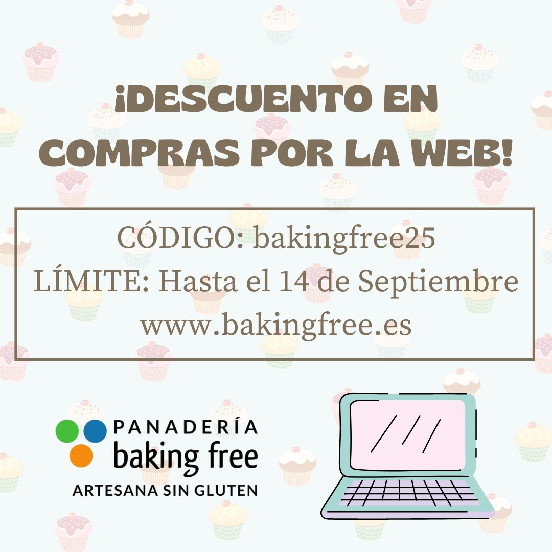 BakingFree_'s tweet photo. No nos íbamos a ir de vacaciones y dejaros con las manos vacías... Tenéis disponible un código de descuento para utilizar durante un mes en compras a través de la tienda online, tanto para envío como para recogida en tiendas 💻. 

#bakingfree #valenciasingluten #celiacosvalencia https://t.co/HqpKNP72gS