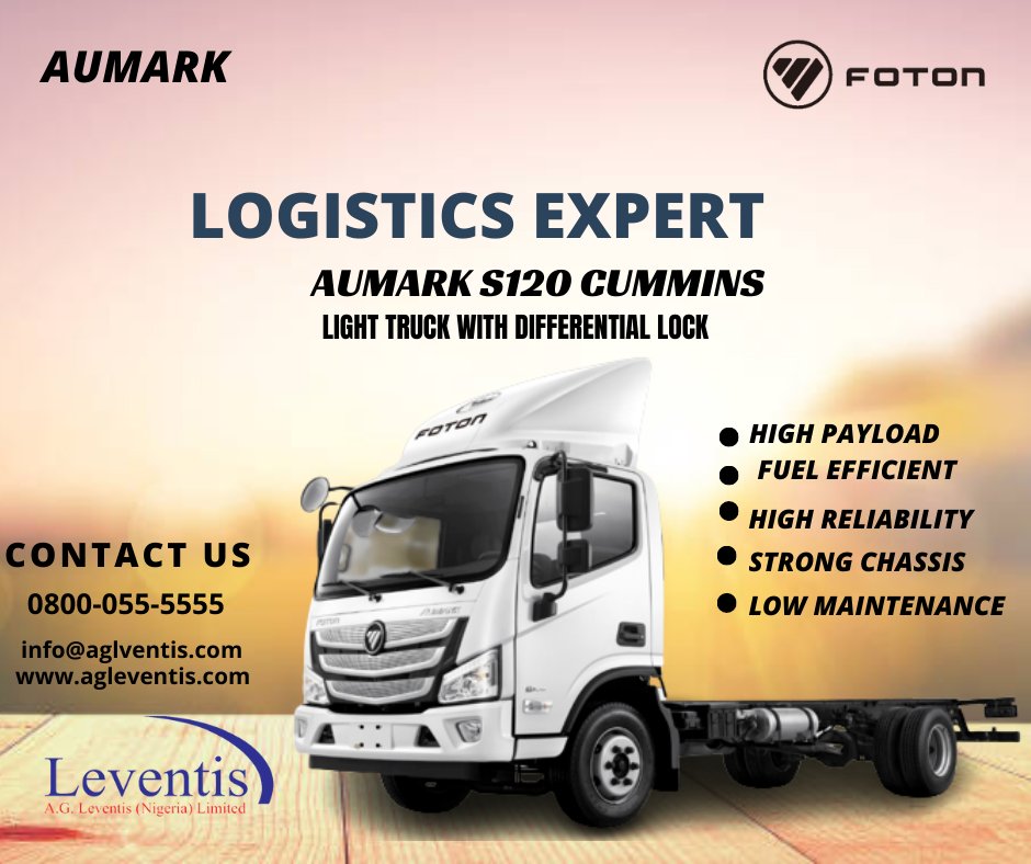 AGLeventisPlc's tweet photo. The #Foton Aumark S120 truck, is an advanced technology equipped with Cummins Engine.
A light duty truck built for maximum performance, which can take care of all your distribution needs.
To get a quote, please call our Toll free line on 0800-055-5555
#Foton #aumark https://t.co/j9kA0UwuY9