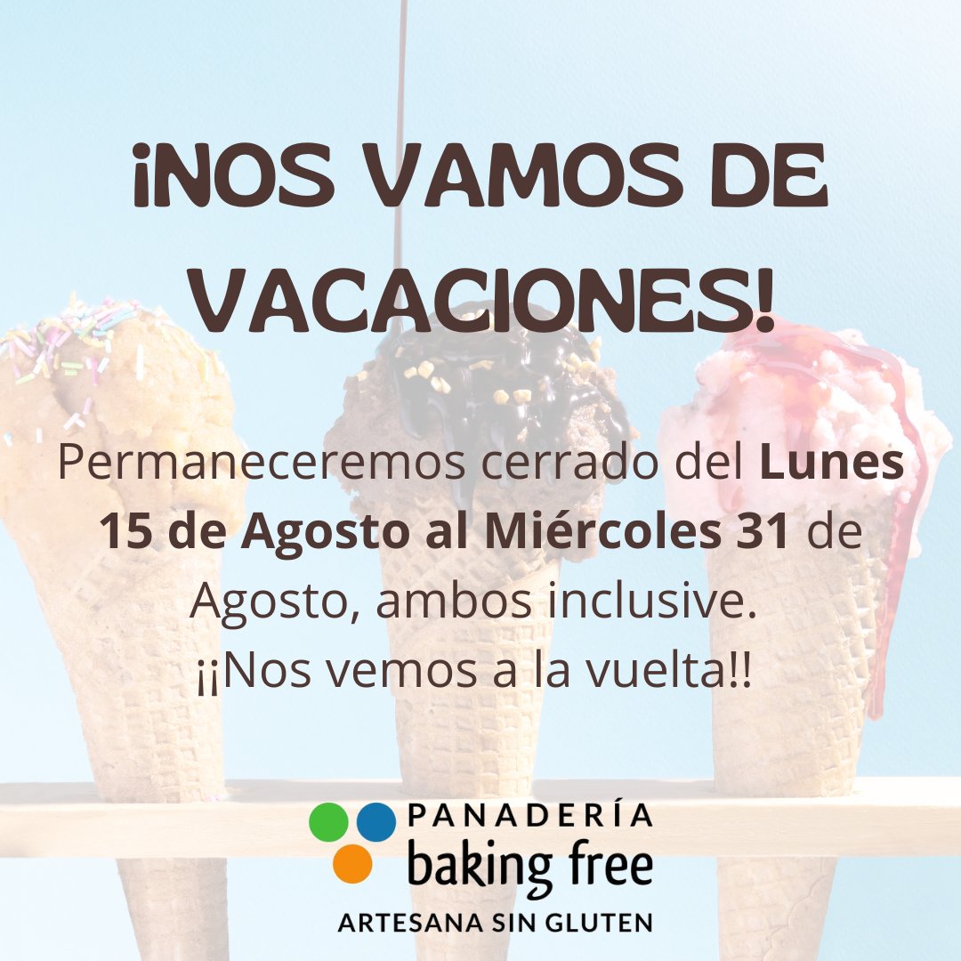 BakingFree_'s tweet photo. Nos vamos de vacaciones! ⛱ Vamos a recargar pilas para seguir a tope en Septiembre 💪

Si queréis hacer algún pedido ó tenéis alguna duda, tendremos activo el nº de Whatsapp: 674 184 137

¡Feliz verano! ☀️

#panaderiaartesanasingluten #bakingfree #valenciasingluten https://t.co/OD5ImJXRSy