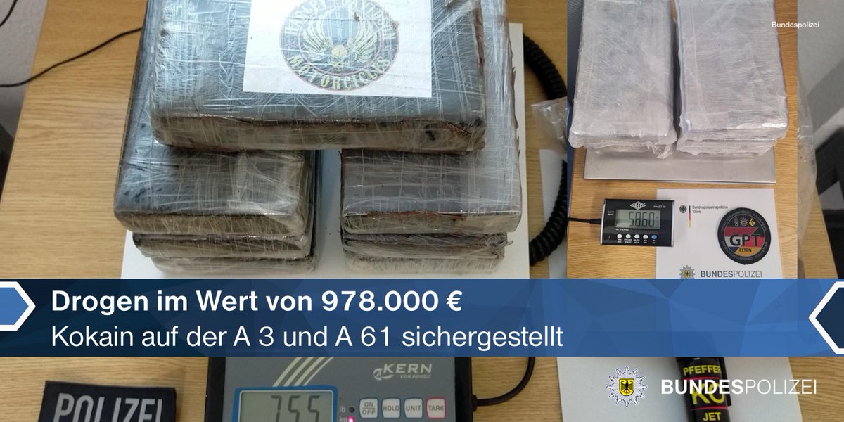 bpol_nrw's tweet photo. #BPol und das grenzüberschreitende Polizeiteam haben im Rahmen der Grenzüberwachung auf der #A3 und auf der #A61 am 30. Juni 22 -13,41- #Kilogramm Kokain im Wert von 978.000 €sichergestellt.
Zu den Pressemitteilungen:
🗞️ https://t.co/My5CK0bHVJ
🗞️ https://t.co/IuETGPISEG
*Eß. https://t.co/kimiqSuhg4