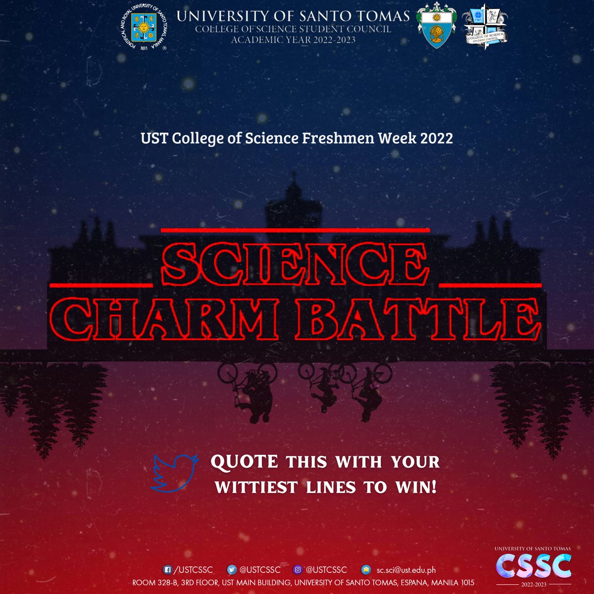 USTCSSC's tweet photo. Are you up for the challenge, 𝐌𝐀𝐃𝐒𝐂𝐈𝐄𝐍𝐓𝐈𝐒𝐓𝐒? 👨🏻‍🔬 Share your BEST Science-related joke or pick-up line in our ✨𝐒𝐂𝐈𝐄𝐍𝐂𝐄 𝐂𝐇𝐀𝐑𝐌 𝐁𝐀𝐓𝐓𝐋𝐄✨

See the guidelines and some reminders below! 👀

#PreSIYENSYA
#ParaSCIyo
#WelcomeToTheUpSCIdeDown
#FreshmenWeek2022 https://t.co/HmNgln1n4H