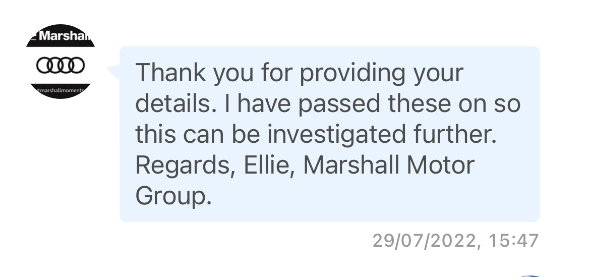 KateLifeDaily's tweet image. On the 29th July you told me this would be looked into @MarshallAudi - guess what. No response since. What is going to be done about this? No replies. No calls. No emails. No part!!! Fifteen weeks and a sorn car because of your company. @Audi @AudiOfficial