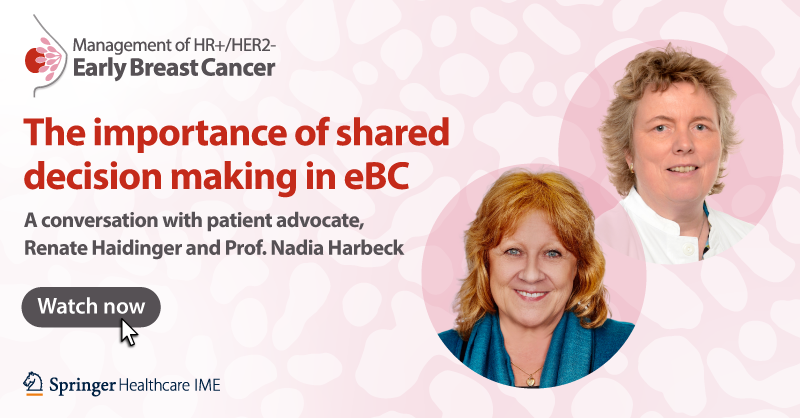 SpringerIME's tweet photo. Join patient advocate Renate Haidinger and Prof. Nadia Harbeck as they discuss the importance of shared decision making throughout the course of a patient’s treatment of early breast cancer.
Join here: https://t.co/yZDlpnFKNG
#earlybreastcancer #shareddecisionmaking #IME #CME https://t.co/klQk2Mw4r1