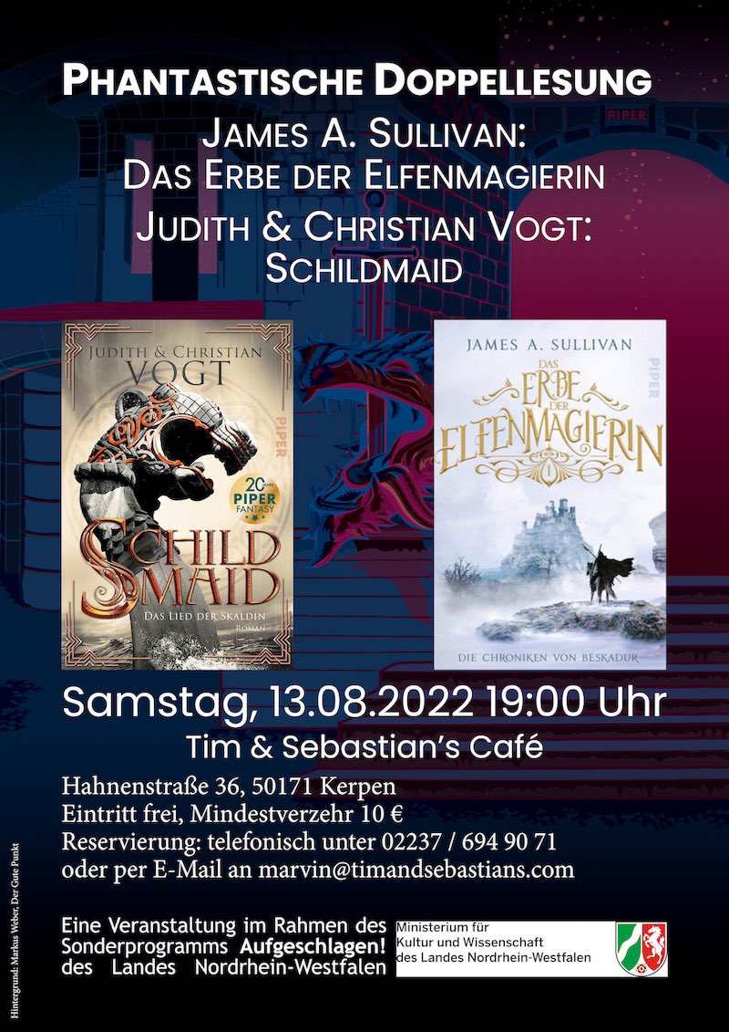 Am 13.8. um 19 Uhr lese ich gemeinsam mit den Vögten in »Tim and Sebastian’s Café« in Kerpen.

Nach fast 20 Jahren im Geschäft mache ich dann also endlich mal eine Lesung in der Stadt, in der ich aufgewachsen bin.😁

#Lesung #Fantasy #ProgressivePhantastik #RheinlandPhantastik