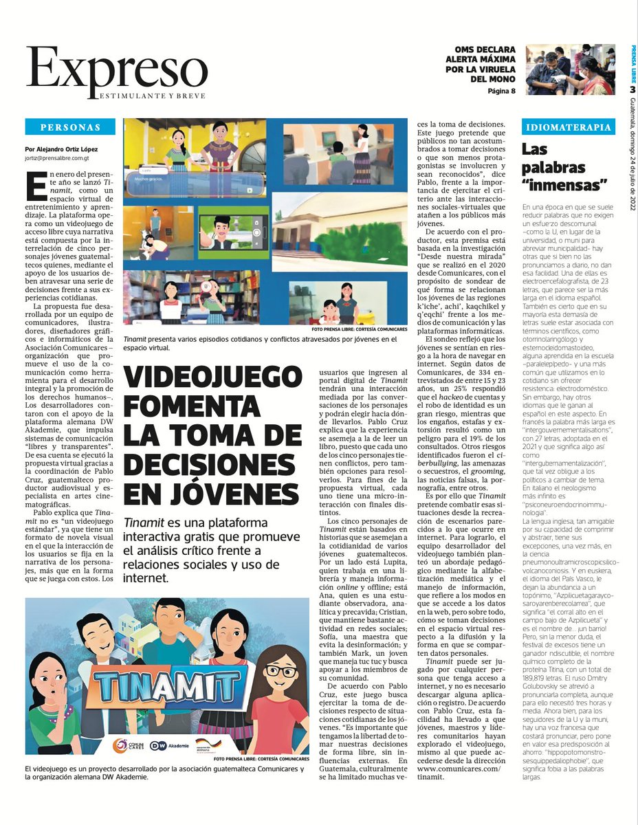 DW_Akademie_es's tweet photo. 🤩 Nos emociona leer este artículo en la edición impresa de @prensa_libre sobre el juego #TINAMIT que desarrollamos junto a nuestro socio @COMUNICARESGT de 🇬🇹 #Guatemala
🗞️🎯 Un juego para enseñar #AMI a jóvenes indígenas, una herramienta para aprender a tomar decisiones https://t.co/rV4qkT23Jx