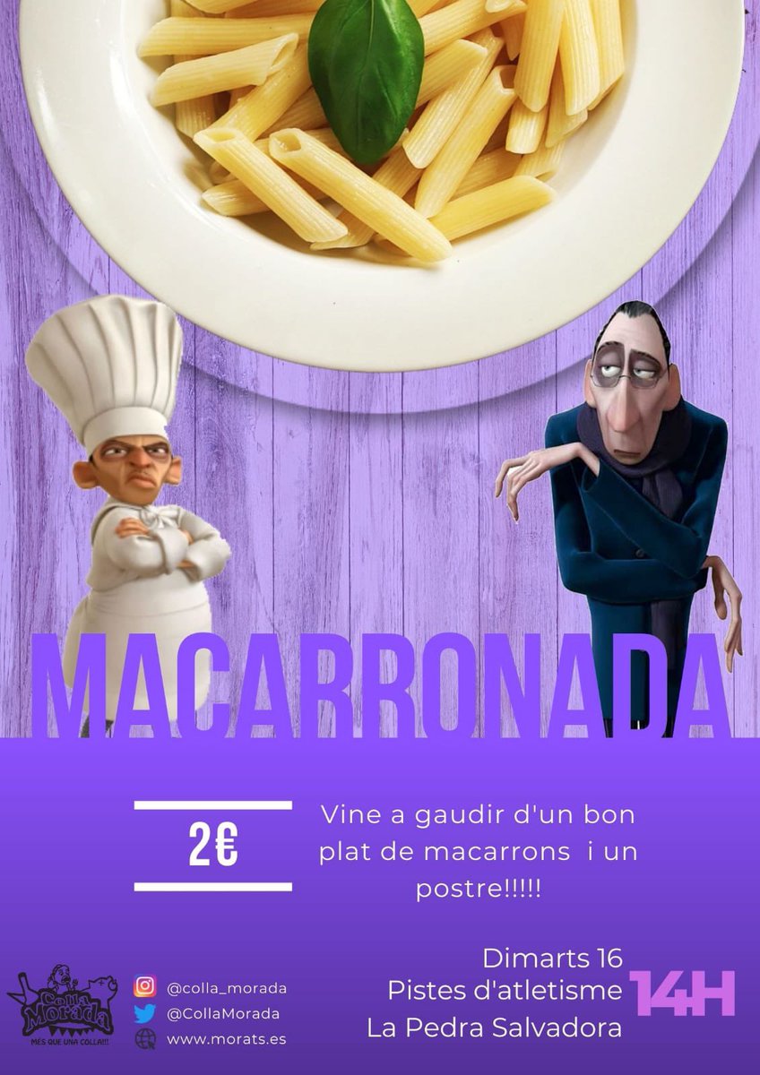 CollaMorada's tweet photo. Nou acte! Arriba la macarronada morada, l'última invenció culinària de la Colla Morada! Per només 2 euros podràs tastar un plat digne de les exigències del crític Anton Ego més un postre. Dimarts 16 a les 14 h. a les pistes d'atletisme la Pedra Salvadora!
#FMMorada
#CollaMorada https://t.co/R5HMxvPvFb