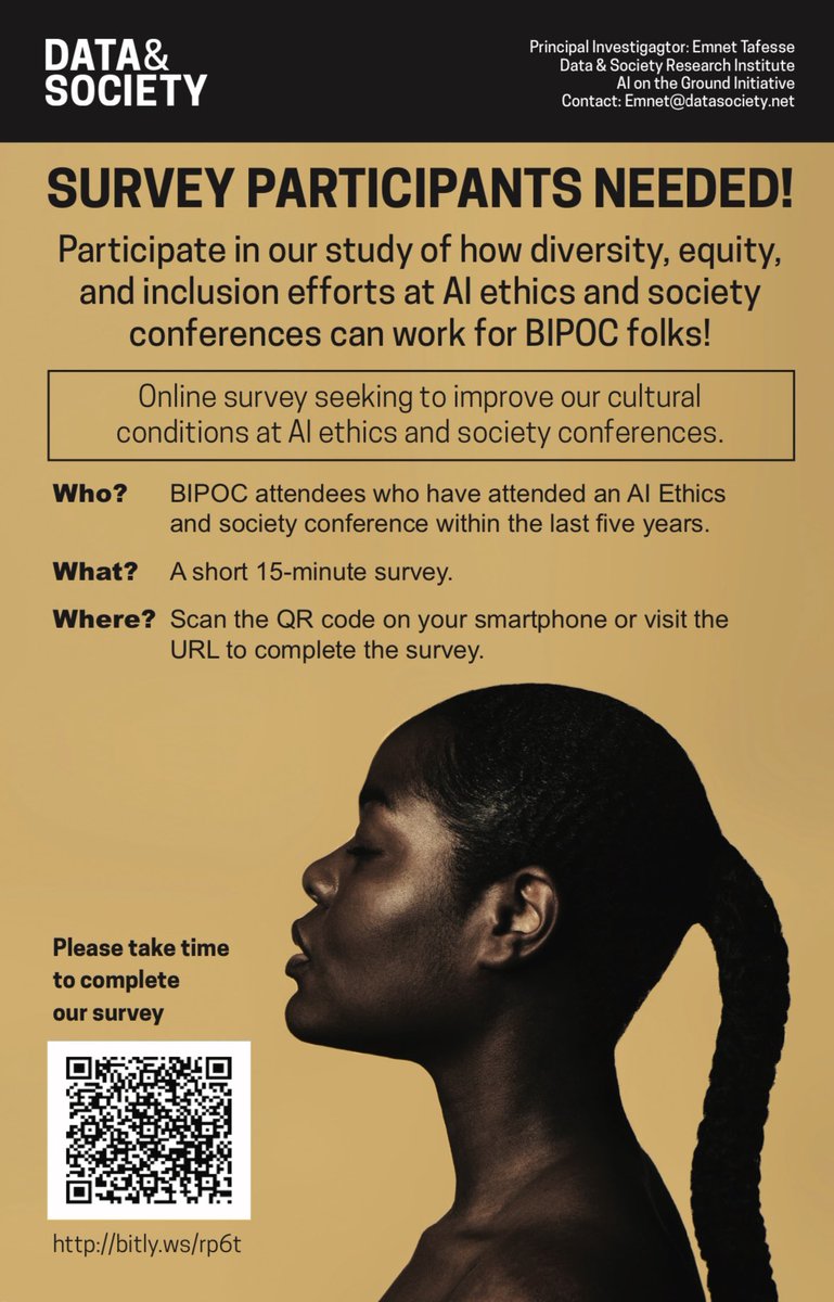 I’m excited to be at @AIESconf conducting research on BIPOC experiences at AI ethics and society conferences. If you haven’t already please fill out my survey here! bitly.ws/rp6t #AIES