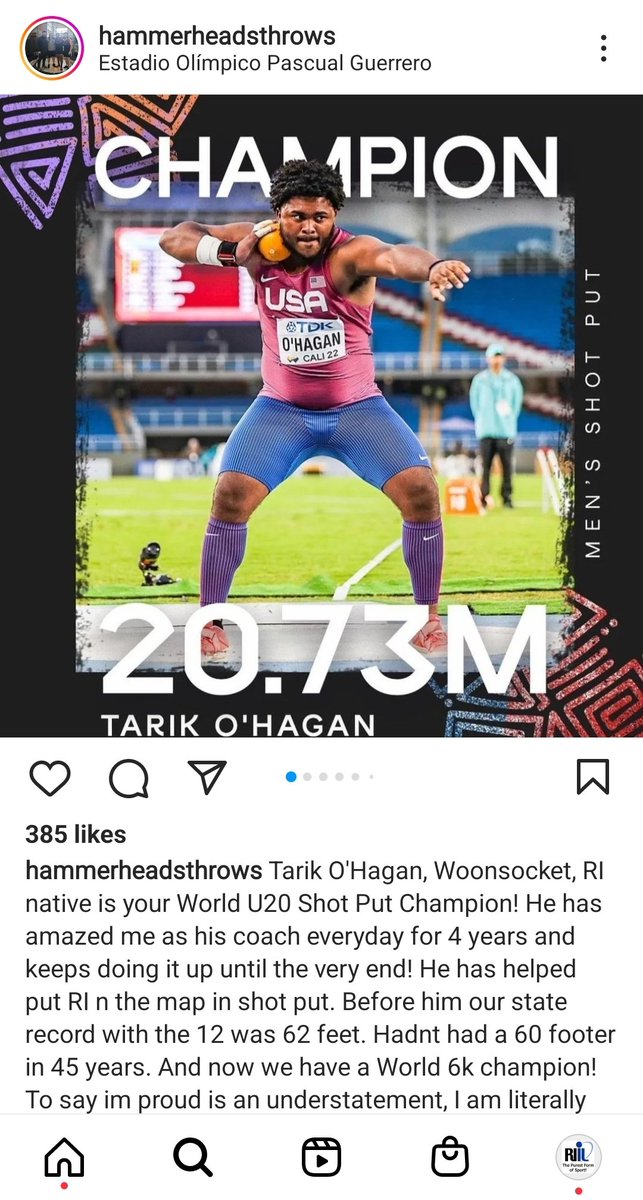 Congratulations to Woonsocket's Tarik Robinson-O'Hagan on winning the U20 Shot Put title at the World Championships in Colombia.