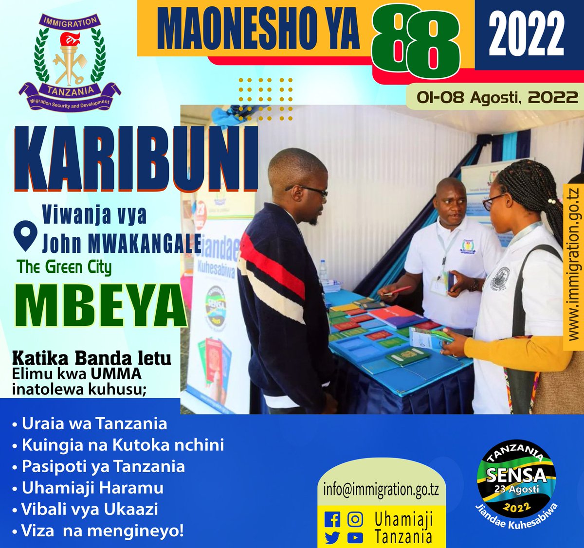 UhamiajiTz's tweet photo. #Nanenane2022
#GreenCity
#88Mbeya
#JiandaeKuhesabiwa 
#SensaAgosti2022
#RoyalTour
#UhamiajiMtandao
#ePassport
#ePermit 
#eVisa 
#eBorderManagementSystems 
#e-Immigration https://t.co/iShv7wtRUH