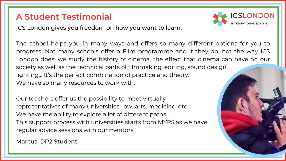 ICSLondon's tweet photo. Today we want to share a testimonial from one of our DP students passionate about Film 🎥 Marcus. He shares with you here what he thinks about our #FilmProgramme and our #UniversityCounseling.
Thank you for sharing your support for our #ibschool 🌟

#internationalschool #ib https://t.co/FgsLZm2bw3