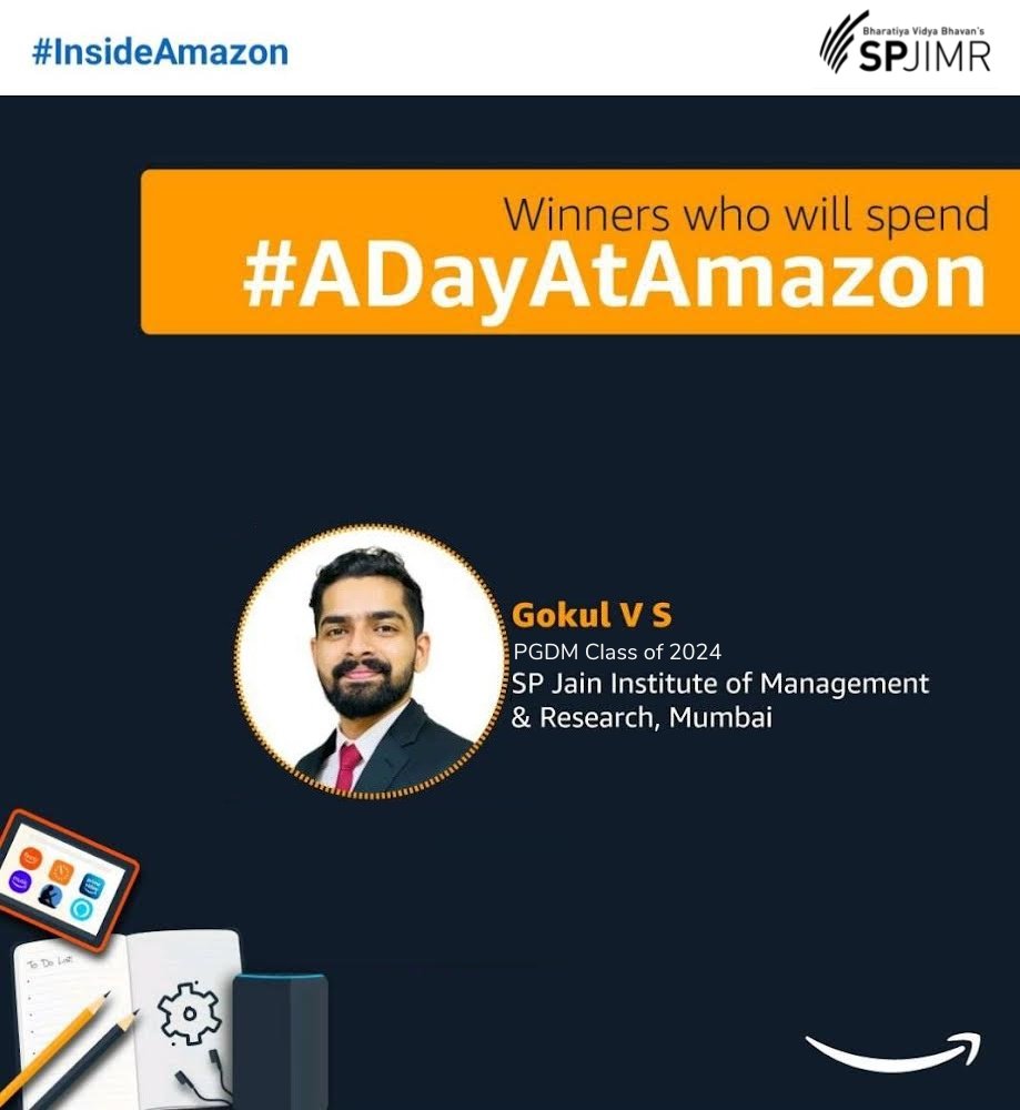 SPJIMR's tweet photo. Kudos to SPJIMR's Gokul V S, PGDM batch of 2024, for being one of the 2 winners of the 'ADayAtAmazon' event for his video on ‘What does leadership mean to me’.
He will get an opportunity to spend an entire day at @amazonIN.

#IamSPJIMR #InsideAmazon #ADayAtAmazon #PGDM2024 https://t.co/MFErTn73tA