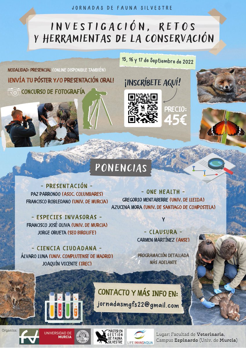 Jornadas de Fauna Silvestre “Investigación, Retos y Herramientas de Conservación”. Espacio multidisciplinar para estudiantes (grado, máster, doctorado), profesional e investigador. 15-17 septiembre. Te lo vas a perder⁉️  <a href="/UMUdivulga/">UMU Divulga</a> <a href="/umusiu/">Servicio de Información Universitario UMU (SIU)</a> <a href="/LifeInvasaqua/">LifeInvasaqua</a>