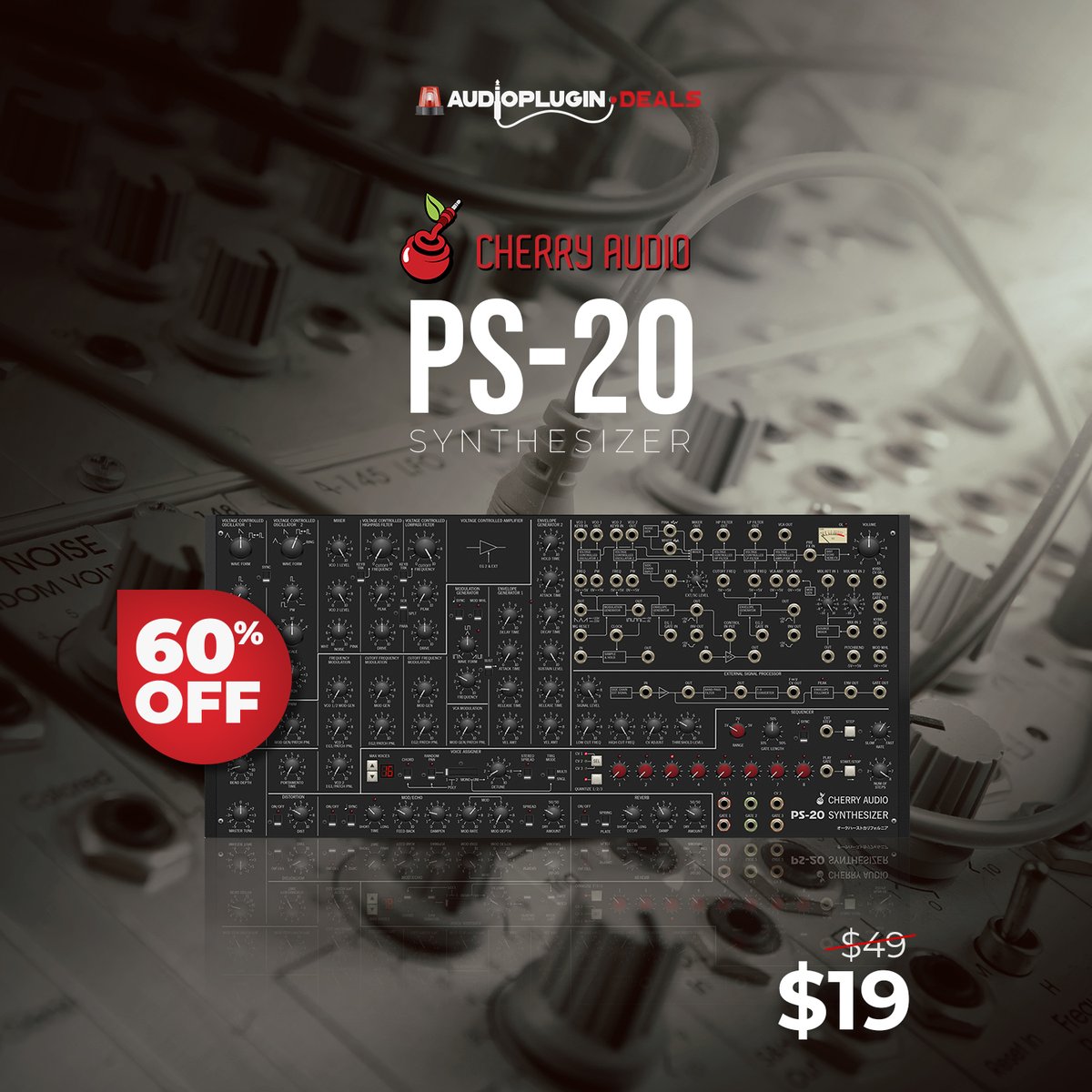 audioplugdeals's tweet photo. Cherry Audio's PS-20 #Synth is an ultra-realistic, #polyphonic, hot-rodded tribute to Korg’s renowned #MS-20. Now only $19.00 (normally $49.00) for the next few days, don't miss out! #vstdeals https://t.co/PWXoSXuJYq https://t.co/dIa1941Gjd