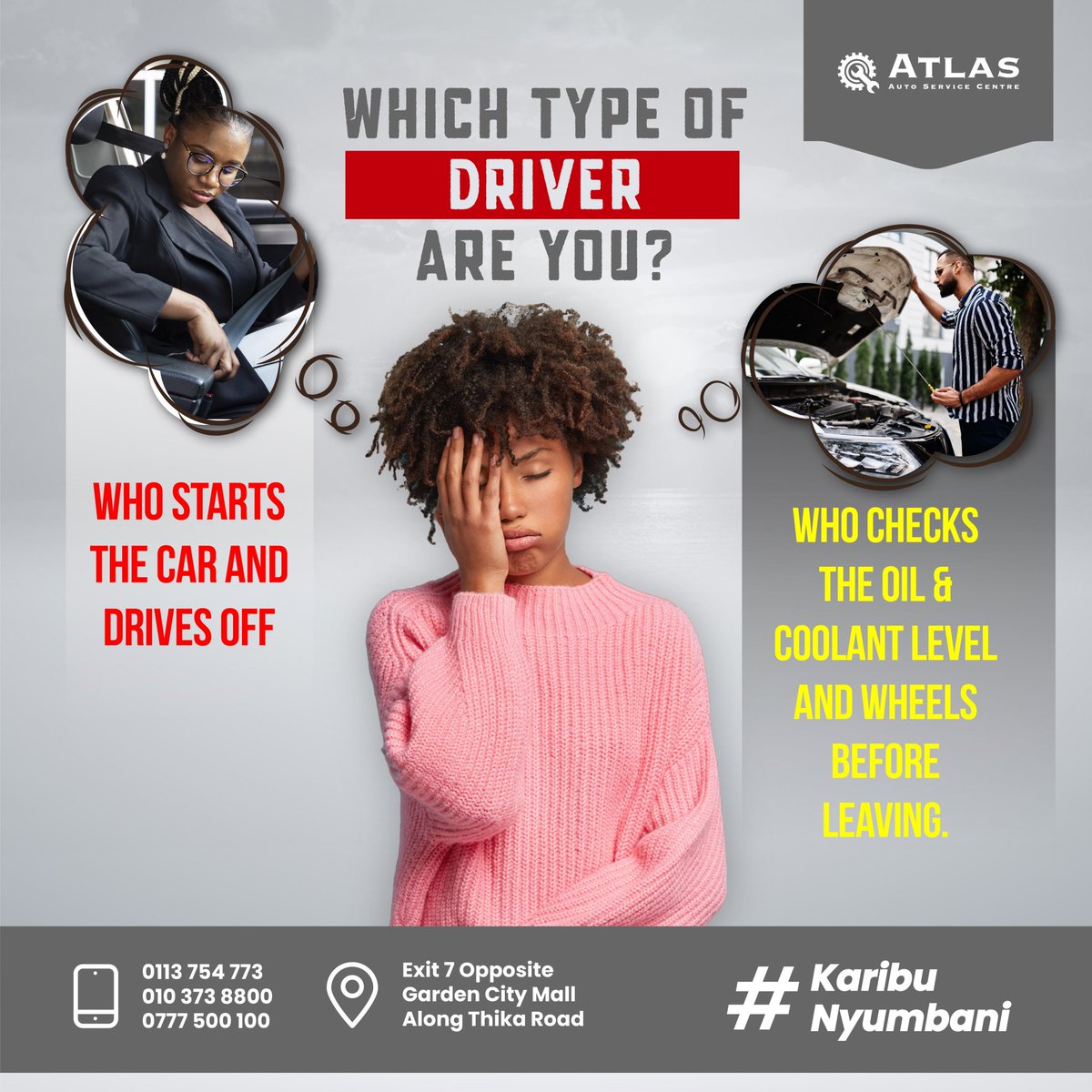 Atlasautocentre's tweet photo. Which type of driver are you?
Tusongee ama kiasi nicheki oil🤔?

Well, first thing every driver should do is to check the oil and coolant level before leaving.

#driverawareness
#carservicing
#Gatundu #car maintenance tips #deepstate #Muranga #kisumu #TheUS #westlands https://t.co/a83Me3l4uB