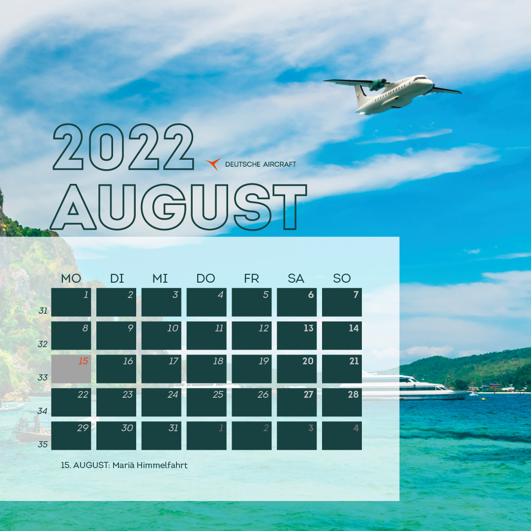 A new month starts. This means a new opportunity to innovate, change and have a positive impact on the world. Are you ready? Let's take off!

#calendar #deutscheaircraft #aviation #aircraft #sustainableaviation #august #innovation #Travel