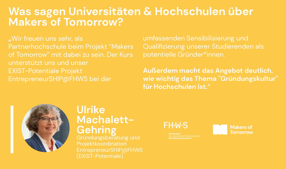 Wie #MoT auch #Hochschulen und #Universitäten unterstützt und den Lehrplan erweitern kann, unterstreicht Ulrike Machalett-Gehring von der Hochschule für angewandte Wissenschaften Würzburg-Schweinfurt in ihrem Statement zu dem Online-Kurs. 👉 makers-of-tomorrow.de