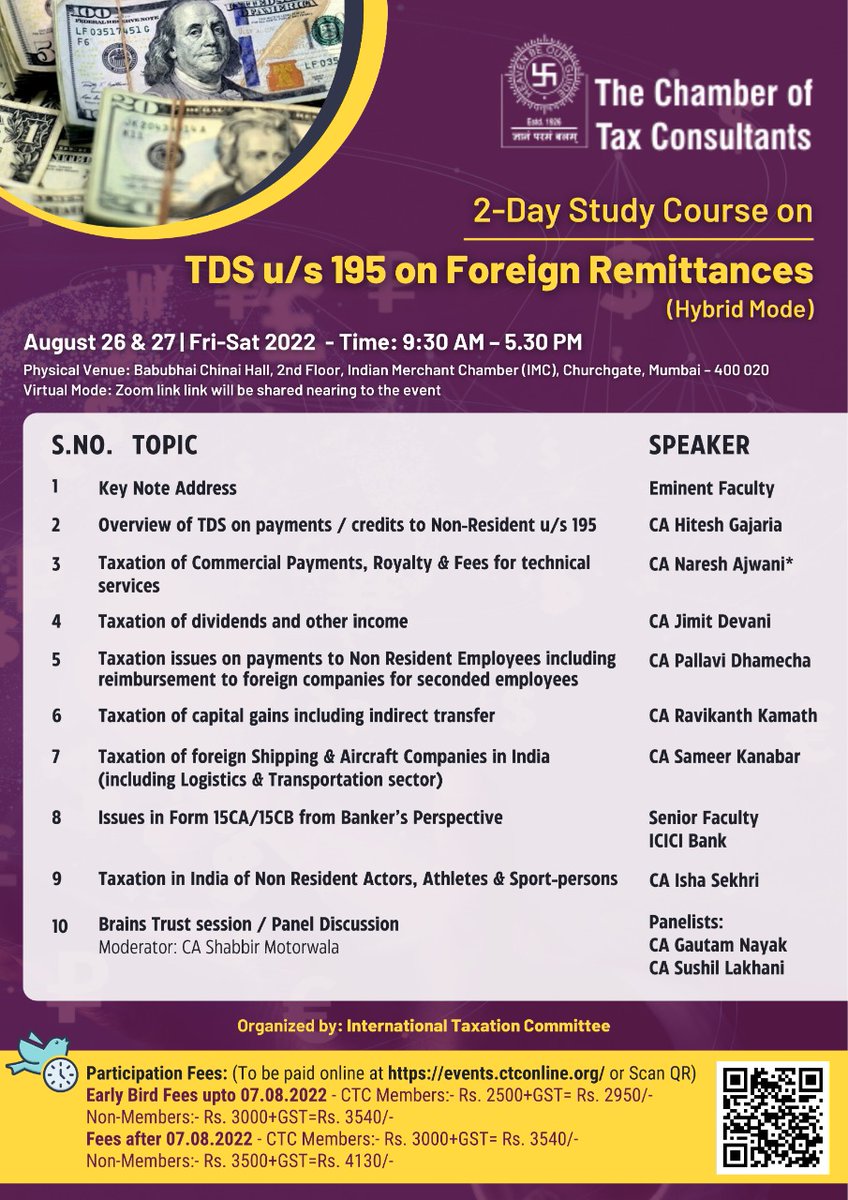 CTCConnect's tweet image. 2-Day Study Course on TDS u/s 195 on Foreign Remittances (Hybrid Mode)- 26th &amp;amp; 27th August, 2022
#studycourse #TDS #hybridmode

To Register
For Member:- bit.ly/3OPTFDT
For Non-Member:- bit.ly/3SprbUc