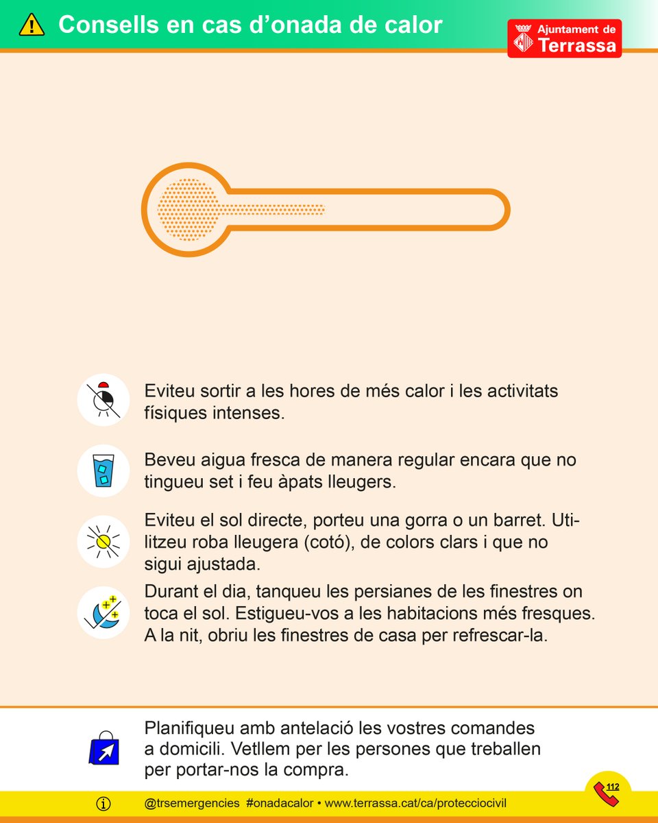 trsemergencies's tweet photo. #CECAT: Avís de risc per #calor. Es preveu que avui sigui un dia d'altes temperatures.  Al Vallès Occidental amb  risc moderat per avui dia 3 d'agost de 2022, de 8.00 a 14.00 hores.  Consells: https://t.co/kpHs2K4joN https://t.co/ztorhJP9tY
