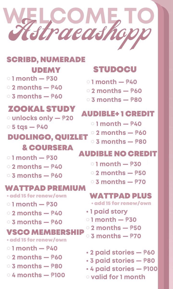 astraeashopp's tweet photo. 🎟 • welcome to astraeashopp!

𖤐 guaranteed lowest price in markets 
𖤐 legit and trusted seller
𖤐 full warranty
𖤐 send a message to avail!

tags: lf mura spotify apple picsart canva vypr quillbot wattpad unlocks youtube face app courserhero nba express prems gcash ph https://t.co/VPteoZBs0r