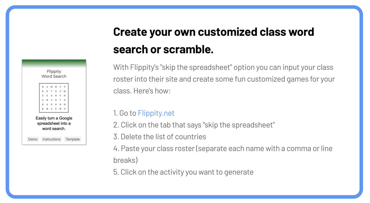 Use your class roster to create your own word search 🔎 or word scramble! 

Flippity makes it SO easy with their "skip the spreadsheet" option 🎉

✅Check out this first week activity idea plus TONS more in our back to school 🚌 post

ditchthattextbook.com/back-to-school…