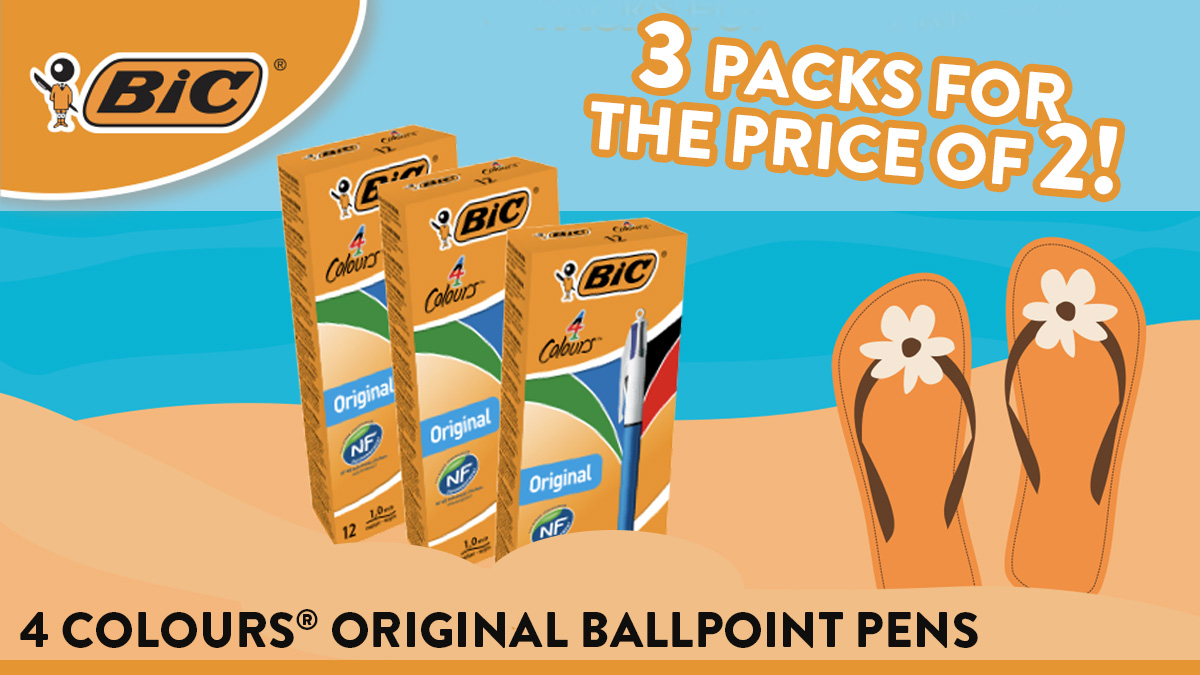 Change colours without changing the pen with the 4 Colours® signature clicking buttons. Choose between Black, Blue, Red and Green Ink
Get 3 packs BIC's iconic 4 Colours® Original Ballpoint pens for the price of 2! #bic #pens #ballpoint #4colours