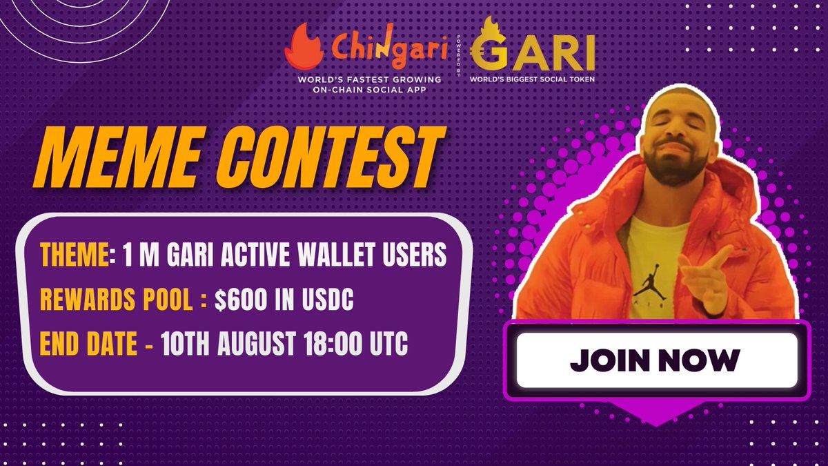 GARI #Meme contest is BACK🕺

Theme: 1 million GARI active wallet users🥳

Rewards 🏆
1 X 200 USDC
2 X 125 USDC
3 X 50 USDC

Steps👇
🔹Retweet + Tag 3 Frens
🔹Submit your entry ( Comments &amp; Discord #meme channel )
🔹Join Discord: discord.gg/garitoken

#Rewards #bounty