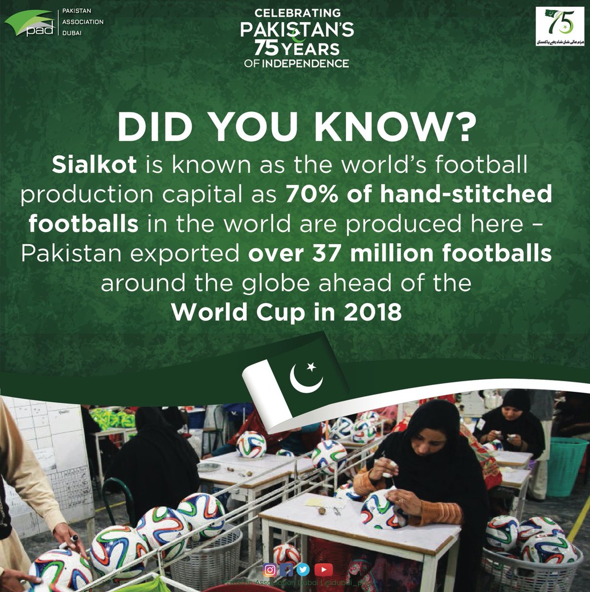 dubai_pad's tweet photo. As part of our Independence Day celebrations 🇵🇰 we're bringing to you some facts about Pakistan you may haven't heard of before! Sialkot is home to 1000 football factories and was the official football provider for both the 2014 and 2018 FIFA World Cup ⚽️ #ShadRahayPakistan https://t.co/1kpdK6QmDG