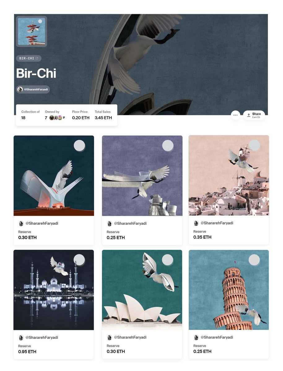 Gm gmmm #NFTCommmunity😍

The only available BIR-CHIs🤭👇
#Greece
#Spain
#USA
#Italy
#Australia
#UAE
Thanks for showing love to them❤️

The bird of the BIR-CHI Collection is the artist's soul, always seeking precious treasures. It may be her unfulfilled ambition to be a wanderer.